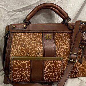 Fossil Vintage Revival Satchel and Wallet Leather Calf Hair Giraffe Large Brown